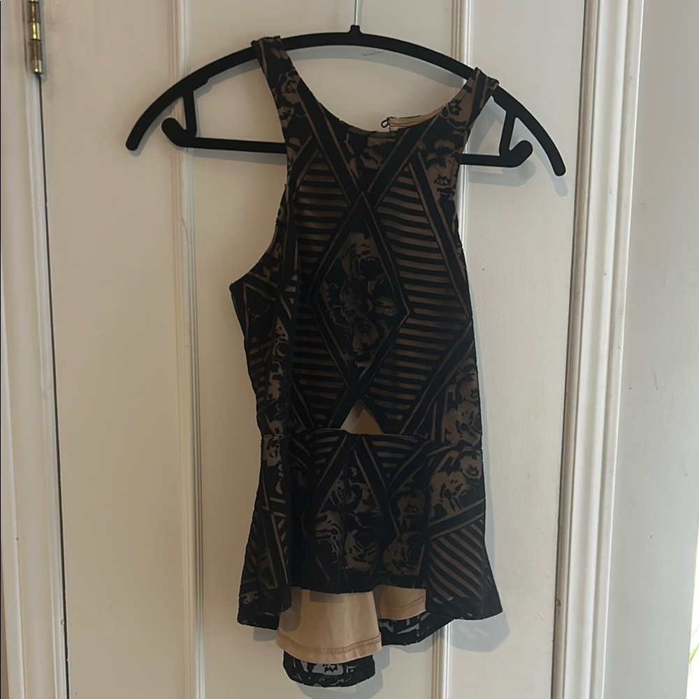 Material Girl Black and Tan Asymmetrical Cut Out Tank Top